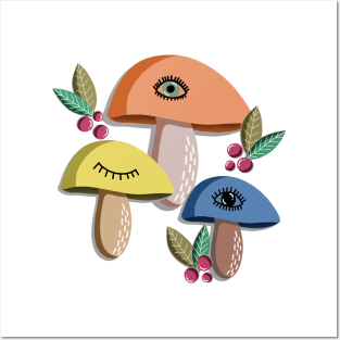 Minimalist mushrooms with eyes pattern Posters and Art